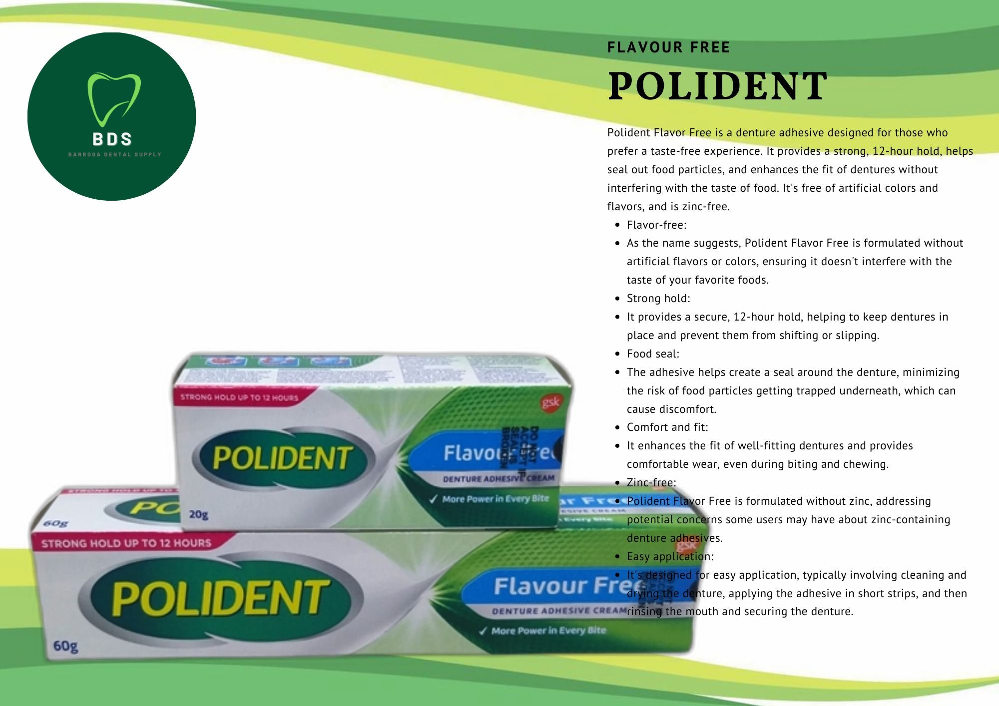 POLIDENT Denture Adhesive Cream (Flavour Free) 60g/20g.